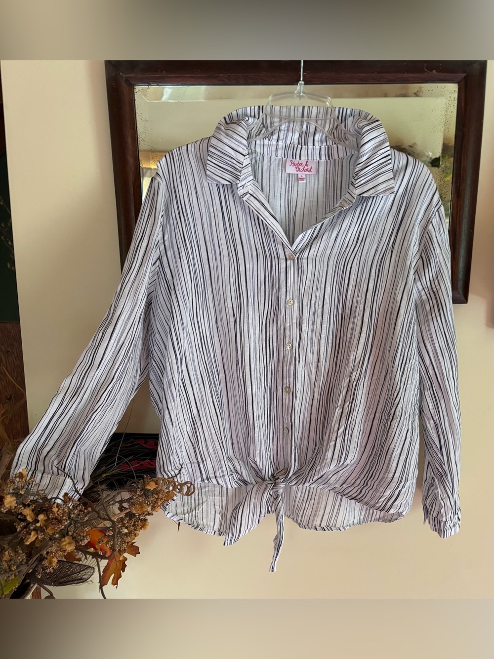Hester & Orchard Linen Cotton Vertical Stripe Tie Front Button-up Top Sz L Coast